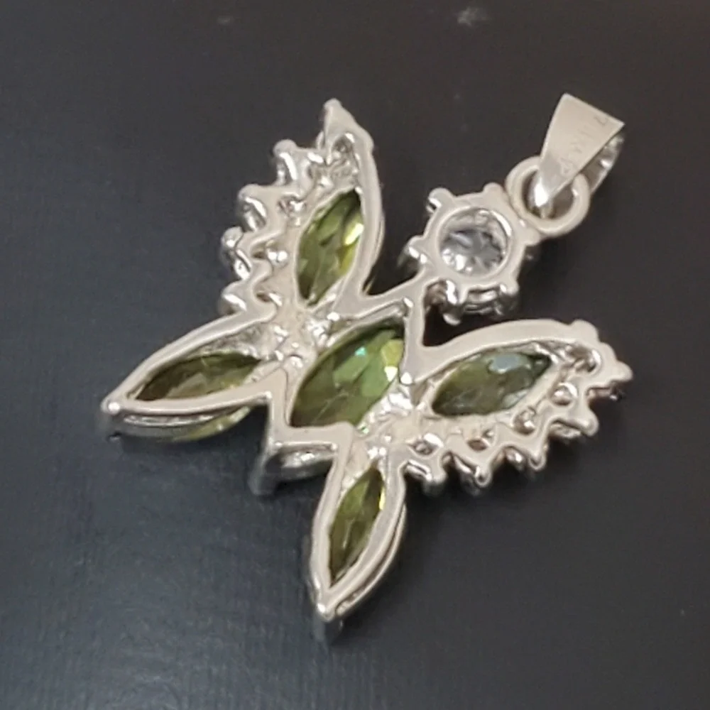 18k White Gold Plated Butterfly Necklace Pendant W/ Clear & Green Stones